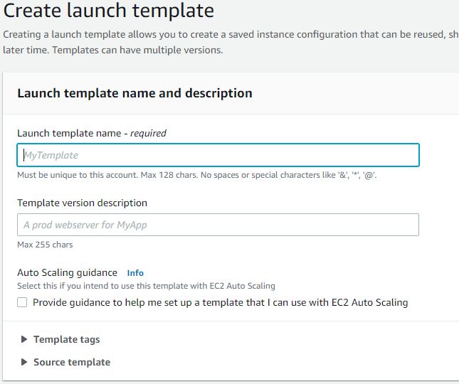 AWS Auto Scaling Launch Template Name, Version Description, and Template Tags options